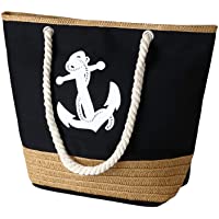  - flintronic® Bolsa de Playa para Mujer- Totalizador de Lona de Verano- Bolso Grande con Asa de Cuerda para Playa- día de Fiesta- Compras- Viajes Diseño del Patrón de Anclaje - Negro